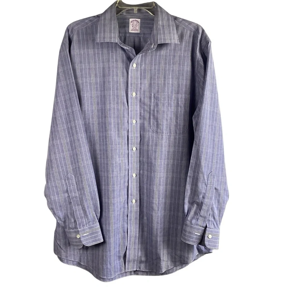 Brooks Brothers Mens Dress Shirt 16.5 34 Classic Plaid Purple Supima Cotton